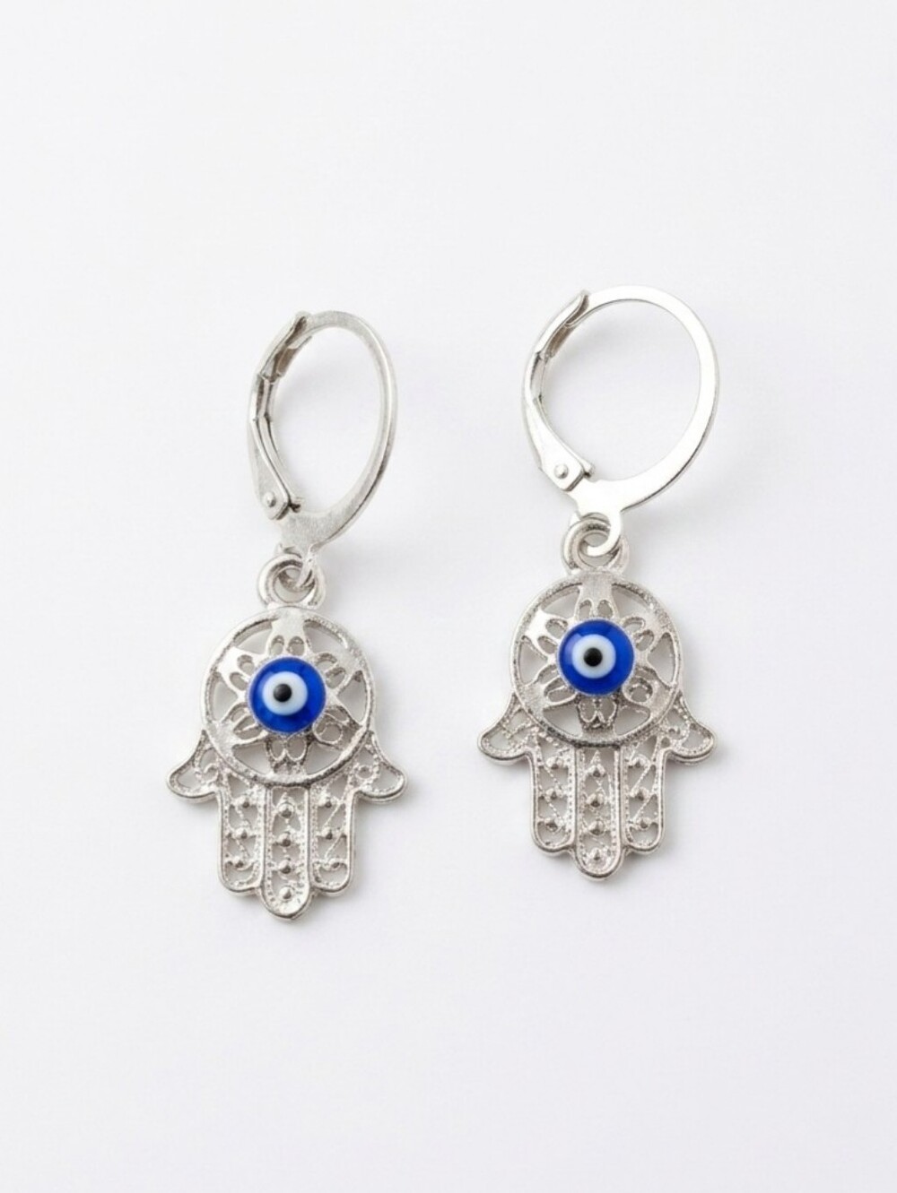 Sterling-Style Hamsa Drop Earrings with Blue Evil Eye